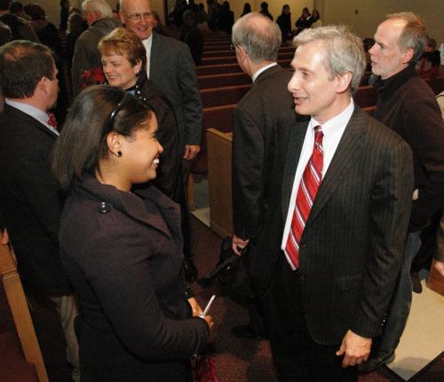 Tamara Fouché congratulates Scott Bierman after he was introduced as 贝洛伊特's 11th president ...