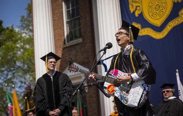 Reid Libby'16 sings an impromptu tribute to theatre professor John Kaufmann.